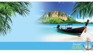 Thai long-tail boat moored off a sandy beach against a rocky island in the ocean