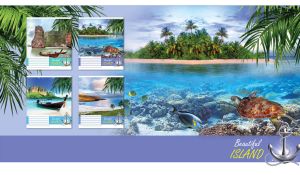 Sea turtles and fish swim in the navy ocean against an island of palm trees