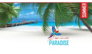 Red and blue parrot, a wooden pier in the sea and palm trees on a white beach