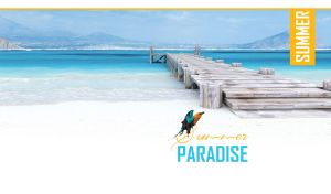 A bird, a wooden pier in a blue sea and mountain range on a white sand beach