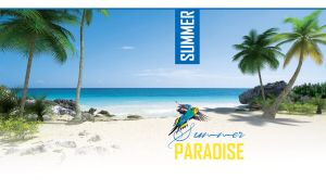 A yellow and blue parrot, rocks and palm trees on a white sand beach