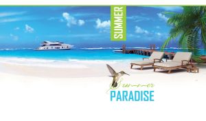 A hummingbird, a wooden pier in a sea and a white yacht on a white sand beach