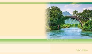 Arched stone bridge shrouded in greenery over a river on yellow-beige backdrop