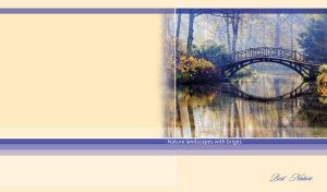 Old wooden bridge in a hazy autumn park on yellow-beige backdrop