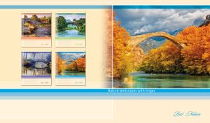 Stone bridge hidden between the orange trees on yellow-beige backdrop
