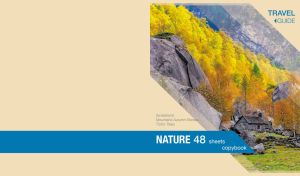 Beige travel guide cover featuring a stone house in a fall forest in Switzerland