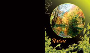 Colored trees with a small autumn lake round framed, on black lime gradient