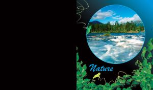 Fast river, green forest and mountains round framed, on black blue gradient