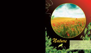 Poppies in a wheat field with dark clouds round framed, on black maroon gradient