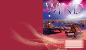 Sunny wind over lake scenery with boulders at sunset and rising moon on dark red