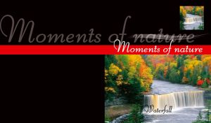 Moments of nature, wide waterfall in autumn landscape of colorful forest, on black