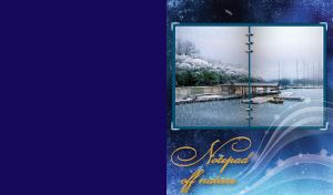 River shore with a pier and pergola, wooden boats with frosty trees on dark blue