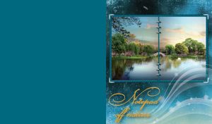 Lake with a stone arch bridge, green trees and pink flowers on light blue