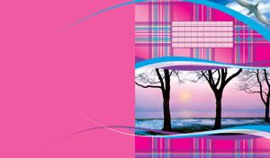 Winter ocean horizon in the morning with tree silhouettes in the foreground on pink