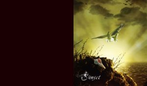 Two white doves flying over sea rocks on an olive and brown sunset