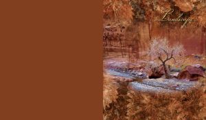 Oil painting of a lone white tree between rocks in winter on a brown canvas