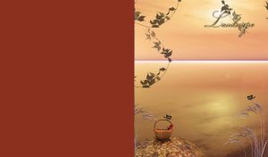 Painting of an autumn hill made of leaves with a flower basket in beige on a maroon canvas