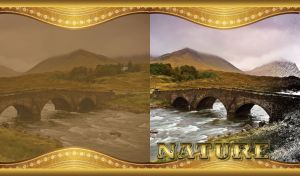 Stone bridge crosses a rolling river by the woods, against the foggy mountains