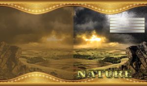 Green summer valley with fields illuminated by sun rays breaking through the black clouds