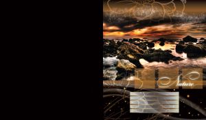 Rocky coastline with illuminated water under fire like sunset on black