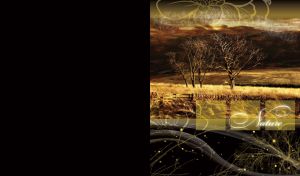 Bare trees in the middle of a wheat field against brown hills in sepia sunlight