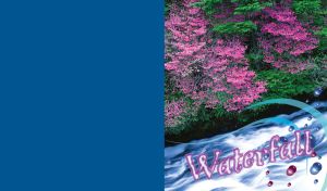 Purple and green tree crowns over the blue waterfall and balls decor over the flow