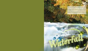 Yellow trees over the waterfall from bubbling river and balls decor over the flow