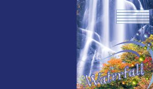 Yellow and red autumn bushes by the high blue rock waterfall and balls decor over them