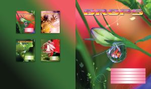 Closeup of a water drop on a young green flower bud with floral print on green red