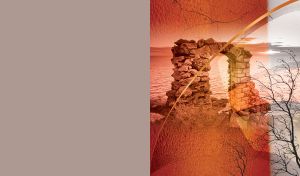 Stone grotto on the rock at the water's edge with a bare lone tree, in red sepia