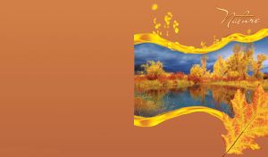 Miniature of golden trees by a lake with beautiful reflection on ocher