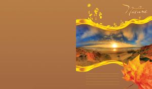 Miniature of golden sunset over the sea between rocky hills on ocher
