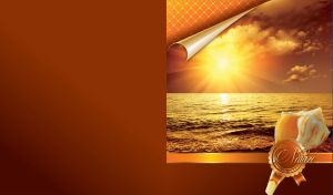 Golden sunset sea and a badge with a seashell on brown