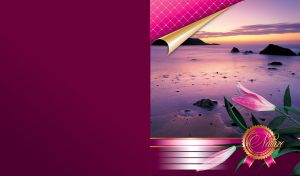 Rocky violet coast and a badge with lily flower on dark purple