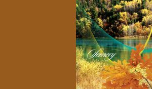 Autumn lake scenery - green water, colorful vegetation and orange leaves closeup