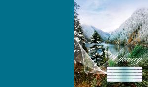 Winter lake scenery with sky blue water, snowy spruces and pine branch closeup