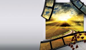 Country road in the field with sunbeams through the clouds and three film cuts