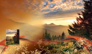 Mountains spruce under orange rippled sky with golden floral decor
