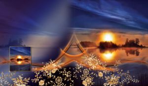 Tree island on a sunset calm lake with golden floral decor and triangular symbol