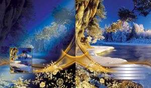 Beautiful winter river with snowy trees and golden floral decor