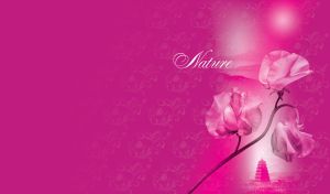 Beautiful fuchsia flower and oriental temple on a pink background