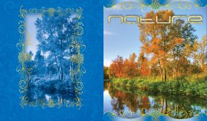 Beautiful river with orange trees on a blue background.