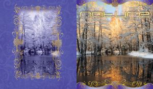 Snowy trees lake on a beautiful violet background
