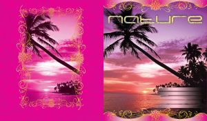 Palm tree and a sunset sea beach on fuchsia patterned background