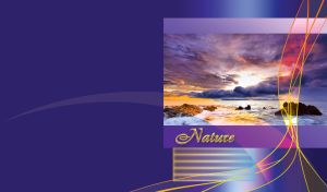 Sea rocks in the water with violet and purple clouds