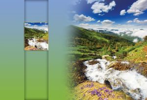 Beautiful green valley under blue sky with clouds, mountain stream and flowers in the front