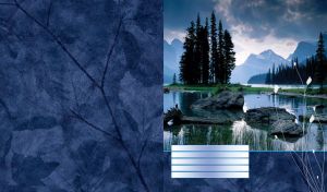 Mountains, firs and stones in the water with white flowers stencil on a navy background