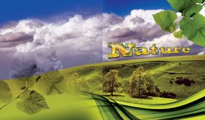 Nature cloudy valley landscape with green leaves