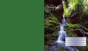 Summer waterfall with green trees, rocks and moss on a green background