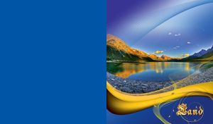 Wide landscape with lake in mountains and blue and yellow wavy lines overlay